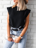 Momentlover Solid Color Hollow Loose Cap Sleeve Mock Neck T-Shirts Tops