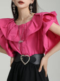 Momentlover Split-Joint Solid Color Pleated Falbala Short Sleeves Loose Round-Neck Blouses