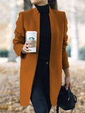 Momentlover Long Sleeves Solid Color Split-Joint Stand Collar Outerwear Woolen Coat