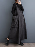 Momentlover Solid Color Pockets Buttoned Asymmetric Adjustable Sleeveless Loose Spaghetti-Neck Midi Dresses