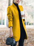 Momentlover Long Sleeves Solid Color Split-Joint Stand Collar Outerwear Woolen Coat
