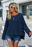 Momentlover High-Low Slit Round Neck Long Sleeve Sweater