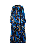 Momentlover Split-Joint Printed Buttoned Loose Long Sleeves Stand Collar Shirt Dress Maxi Dresses