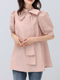 Momentlover Solid Color Pleated Bowknot Loose Half Sleeves Mock Neck Blouses&Shirts Tops