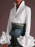 momentlover Flared Sleeves Bow-Embellished Falbala Solid Color Lapel Blouses&Shirts Tops