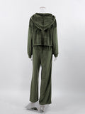 Momentlover Solid Color Hooded Long Sleeves Velvet Zipper Sweatshirt Top + Drawstring Elasticity Pockets Pants Bottom Two Pieces Set