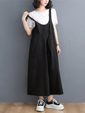 Momentlover Solid Color Buttoned Wide Leg Ninth Pants Spaghetti-Neck Overalls