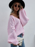 Momentlover Striped Drop Shoulder V-Neck Pullover Sweater