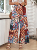 High Waisted Loose Drawstring Flower Print Pleated Pants Trousers
