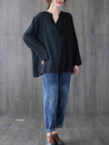 Momentlover Casual Loose Long Sleeves Striped Split-Joint V-Neck T-Shirts Tops