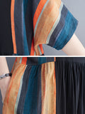 Momentlover Loose Contrast Color Striped Pleated Midi Dress
