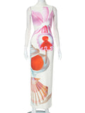 Momentlover Split-Back Flower Print Sleeveless High Waisted Mock Neck Maxi Dresses