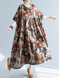 Momentlover Floral Printed Short Sleeves Puff Sleeves Round-Neck Midi Dresses