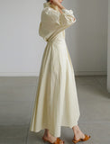 Momentlover Long Sleeves Loose Pleated Solid Color Split-Joint Tied Waist Lapel Midi Dresses Shirt Dress
