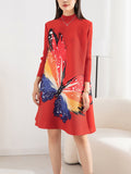 Momentlover Casual Long Sleeves Loose Contrast Color Printed Pleated Beaded Stand Collar Mini Dresses