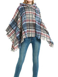 Momentlover Plaid Keep Warm Hooded Fringed Shawl&Cloak Cape