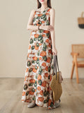 Momentlover Printed Sleeveless Loose Round-Neck Midi Dresses