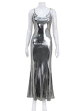 Momentlover Split-Joint Solid Color Shiny Sleeveless V-neck Maxi Dresses