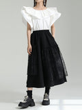 Momentlover Split-Joint Solid Color Pleated Falbala Short Sleeves Loose Round-Neck Blouses