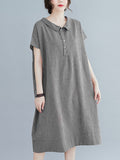 Momentlover Artistic Retro Loose Plaid Buttoned Lapel Collar Midi Dress
