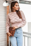 Momentlover Openwork Plaid Round Neck Cropped Sweater