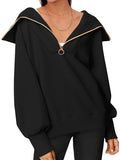 Momentlover Zipper Solid Color Loose Long Sleeves V-Neck Sweatshirt Tops