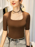 Momentlover Simple Solid Color Square-Neck Half Sleeves Shirt