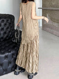 Momentlover Pleated Letter Print Asymmetric Sleeveless Loose Round-Neck Vest Top