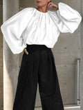 Momentlover Contrast Color Round-Neck Puff Sleeves Blouse Top + Wide Leg Pants Two Pieces Set
