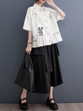 Momentlover Split-Joint Printed Contrast Color Short Sleeves Loose Lapel Blouses