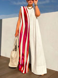 Momentlover Sleeveless Wide Leg Contrast Color Printed Striped Jumpsuits