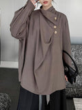 Momentlover Split-Joint Solid Color Pleated Buttoned Asymmetric Loose Long Sleeves High Neck Blouses