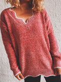 Momentlover Notched Dropped Shoulder Long Sleeve Sweater