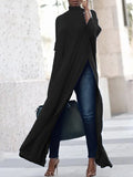 Momentlover Casual Three-Quarter Sleeves Split-Side Solid Color High-Neck T-Shirts Tops