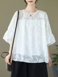 Momentlover Split-Joint See-Through Pleated Falbala Short Sleeves Loose Round-Neck T-Shirts