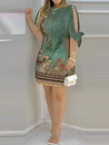 Momentlover Split-Joint Printed Hollow Short Sleeves Loose Round-Neck Mini Dresses