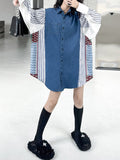 Momentlover Striped Split-Joint Pockets Contrast Color Buttoned Loose Long Sleeves Lapel Blouses&Shirts Tops