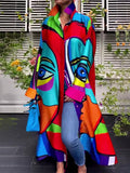 momentlover Irregular Clipping Loose Abstract Printed Multi-Colored Lapel Maxi Dresses Shirt Dress