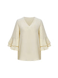 Momentlover Solid Color Ruffle Sleeves Loose V-Neck T-Shirts Tops