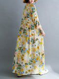 Momentlover Split-Joint Flower Print Loose Long Sleeves Round-Neck Midi Dresses