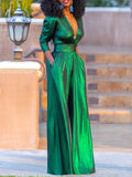 Momentlover High Waisted Three-Quarter Sleeves Shiny Solid Color Deep V-Neck Jumpsuits Bottoms