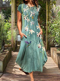 Momentlover Flower Print Animal Printed Short Sleeves Plus Size Round-Neck Midi Dresses