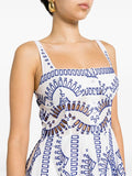 Momentlover Printed Hollow Elasticity Buttoned Sleeveless Loose Spaghetti-Neck Mini Dresses