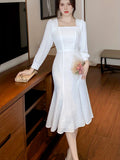 Vzyzv Squared Neck Solid Dress, Elegant Long Sleeve Mermaid Hem Evening Dress, Women's Clothing