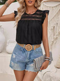 Momentlover Split-Joint Solid Color See-Through Ruffle Trim Hollow Loose Cap Sleeve Round-neck Vest Top