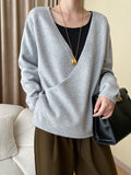 Momentlover Buttoned Asymmetric Loose Long Sleeves V-neck Sweater Tops
