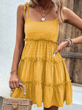 Momentlover A-Line High Waisted Backless Jacquard Solid Color Split-Joint Tied U-Neck Mini Dresses Slip Dress