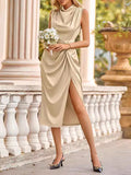 Momentlover Split-Side Solid Color Pleated Knot Sleeveless Loose Mock Neck Midi Dresses