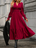 Momentlover Solid Color Pleated Elasticity Loose Long Sleeves V-Neck Midi Dresses