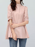 Momentlover Solid Color Pleated Bowknot Loose Half Sleeves Mock Neck Blouses&Shirts Tops